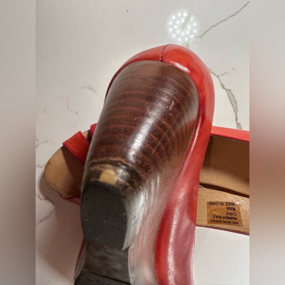 Red leather & wood wedge heels - Picture 10 of 13